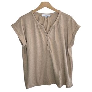 Loft | Heathered Tan Henley Style Short Cuffed Sleeve Tee Size Large